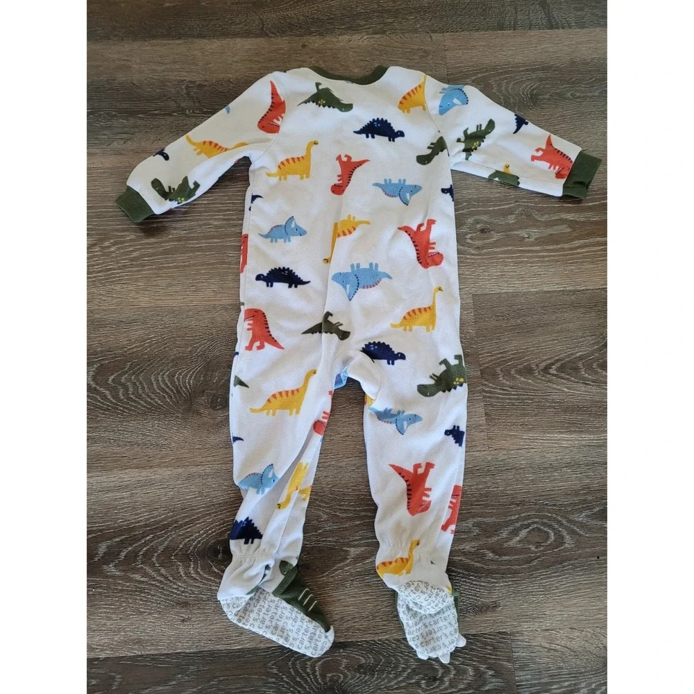 Carters Baby Boys 18M Dinosaur Fleece Footed Pajamas White Green Zip Sleeper #3